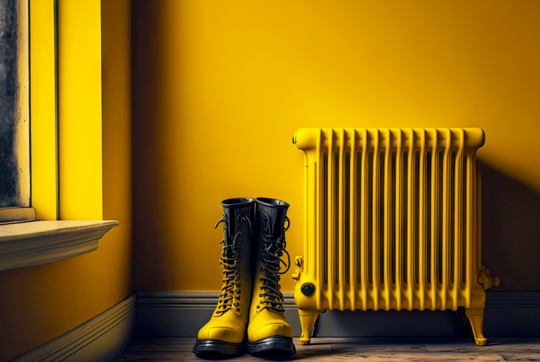 yellow radiator next to a boot with paint on it 